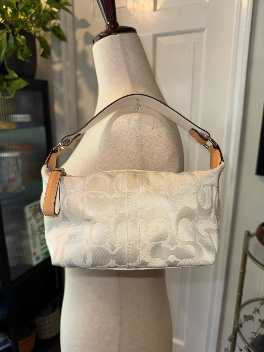 Optic White Signature Jacquard Shoulder Bag with Tan Accents